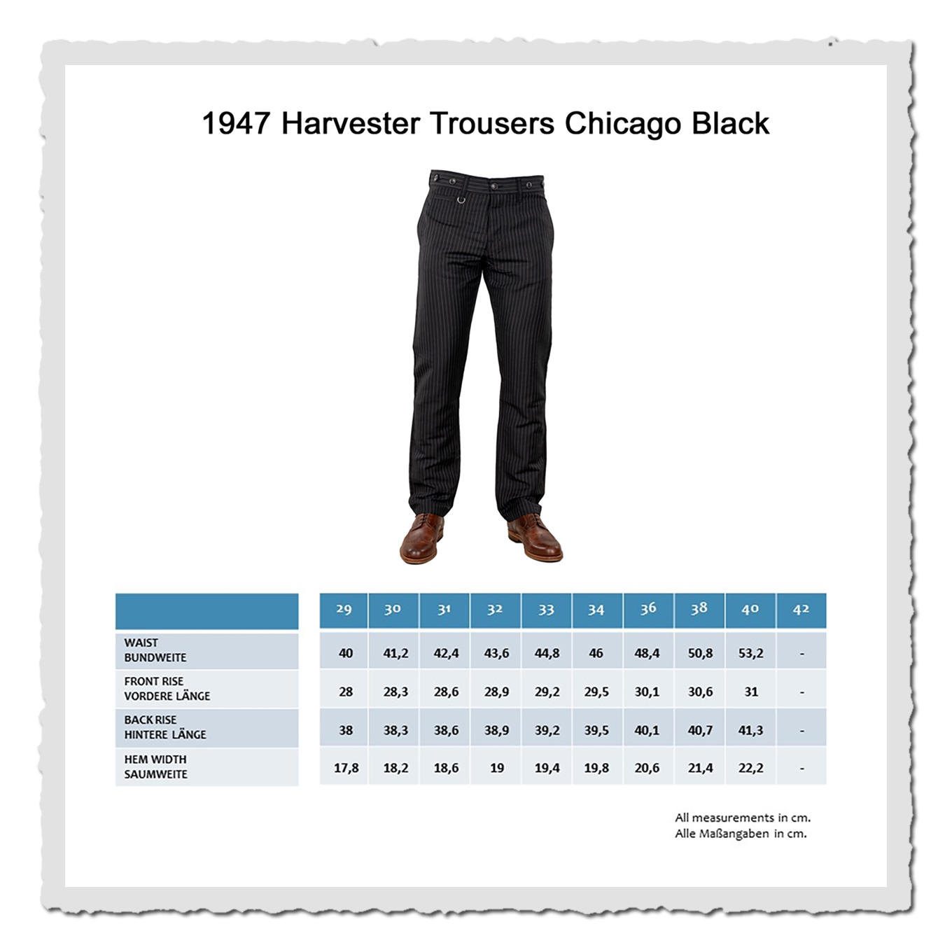 Größentabelle mit Foto der Hose in Frontansicht, Überschrift „1947 Harvester Trousers Chicago Black“, weißer Hintergrund.